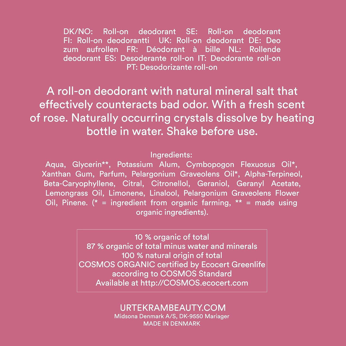 Urtekram Crystal Rose Deodorant Roll-On 50ml bottle ingredients