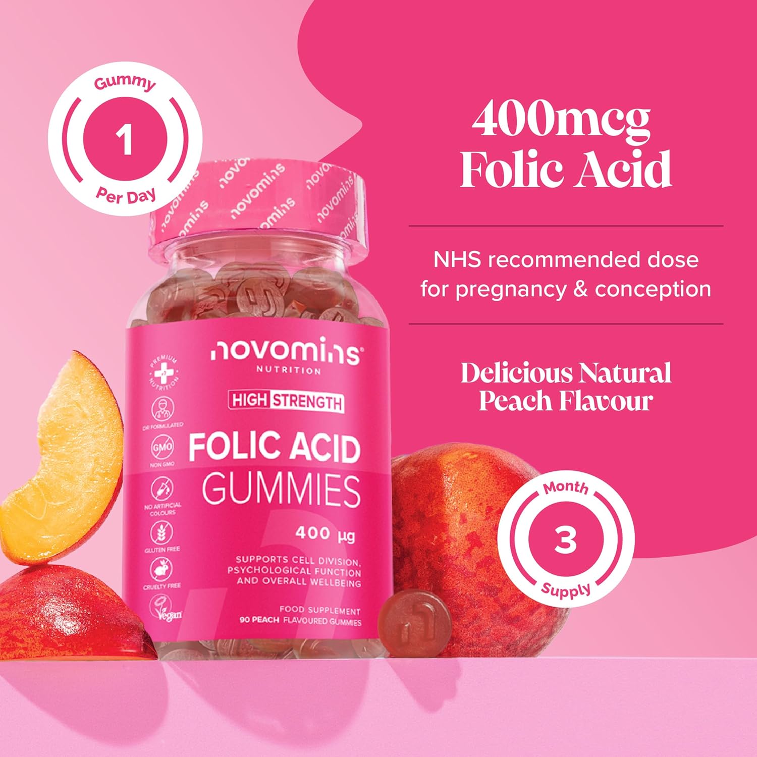 Novomins Folic Acid Gummies 400mcg Peach 90 Count natural peach flavour 2 per day gummies