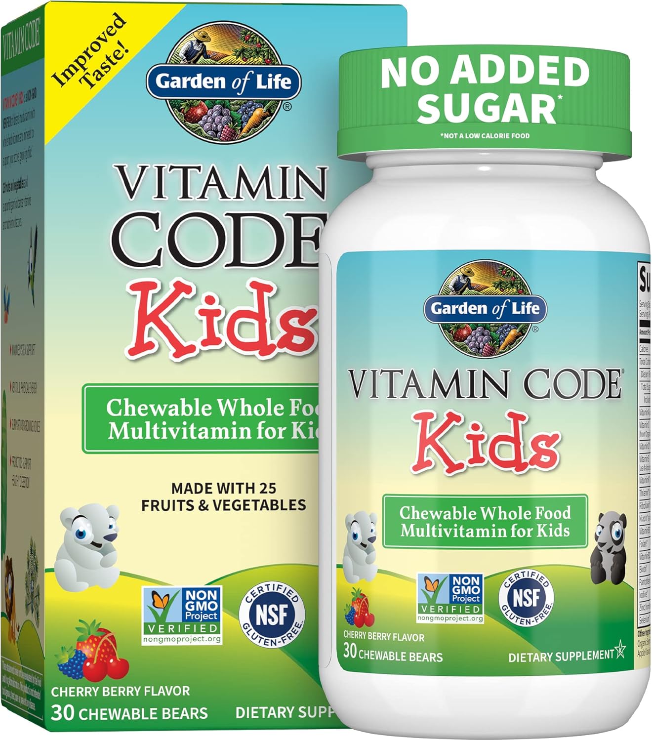 Cherry-berry flavoured, chewable multivitamins from bottle & box 30ct