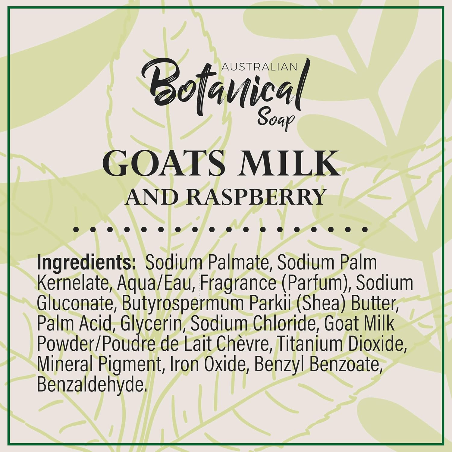 Australian Botanical soap goat milk raspberry ingredients label 8x193g