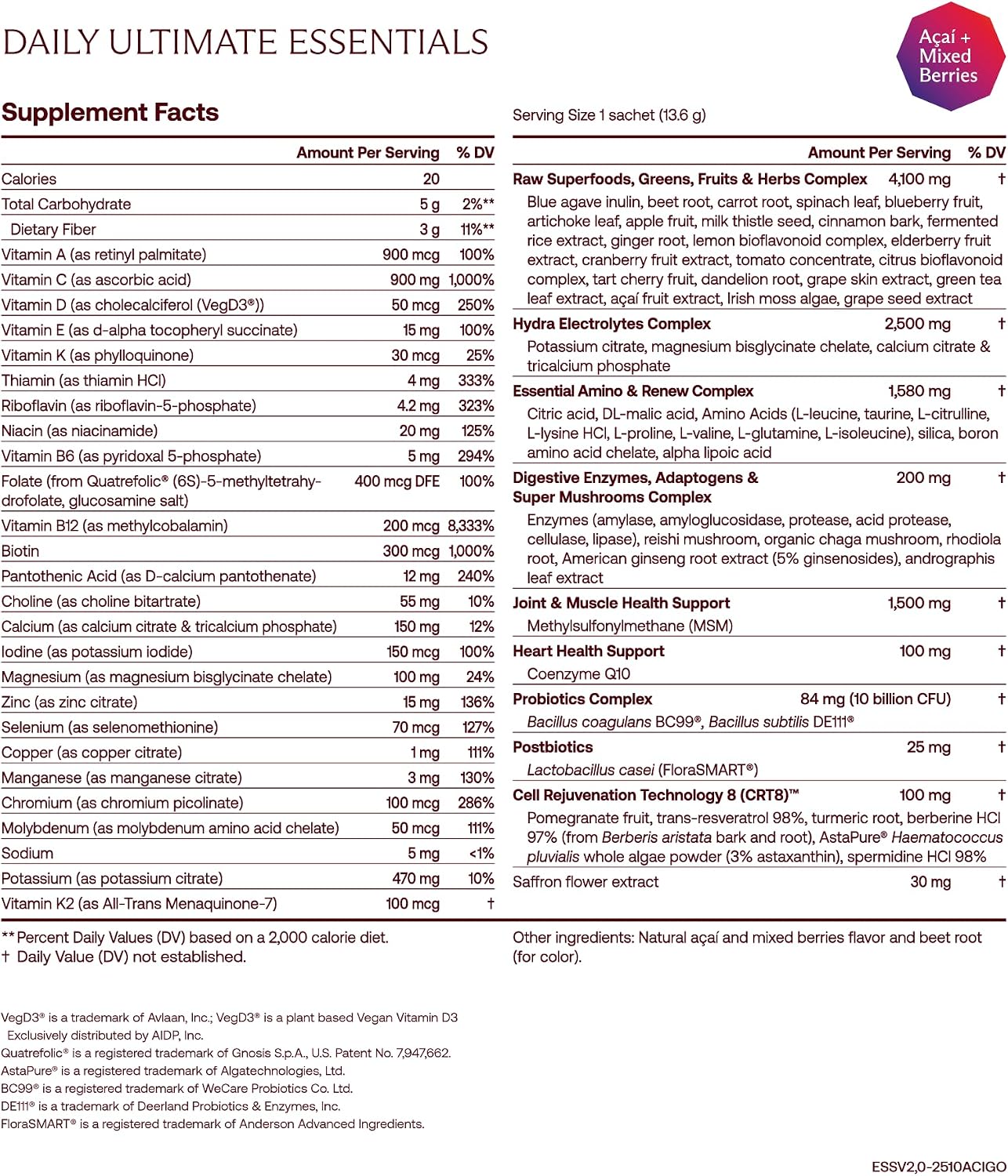 IM8 Daily Ultimate Essentials Açaí & Mixed Berries nutrition facts and ingredients 30 sachets