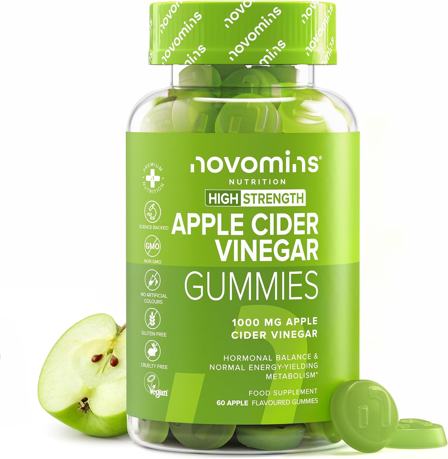 Novomins Apple Cider Vinegar 1000mg Gummies Apple 60 Count bottle supplement front view