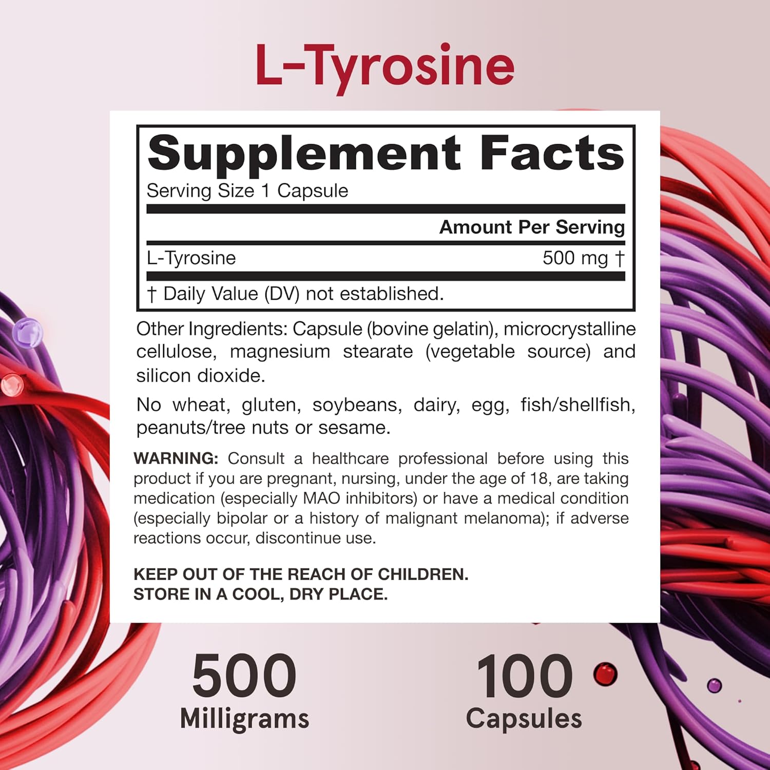 Supplement Facts Image: Jarrow Formulas L-Tyrosine 500mg supplement facts and ingredients 100 count