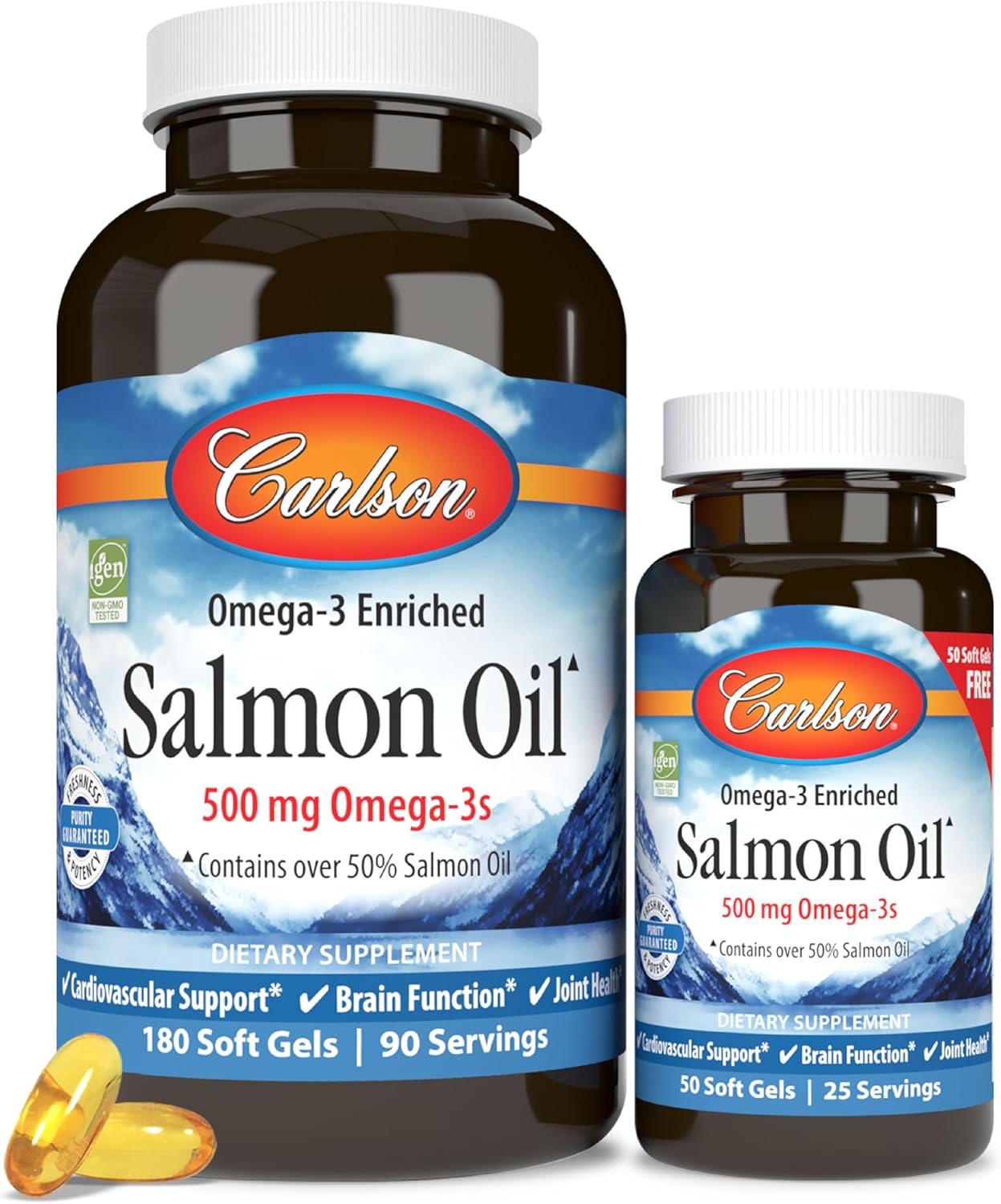 Front image: Carlson Salmon Oil omega 3 softgels 500 mg bottle 230 count