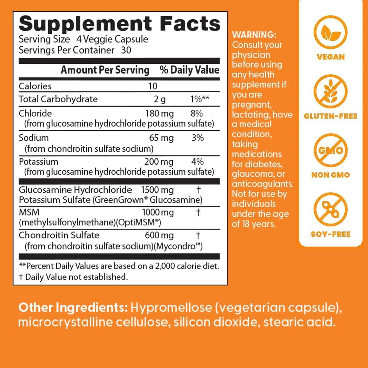 Doctor's Best Vegan Glucosamine Chondroitin MSM, bottle packaging, no flavour, 120 veggie capsules, supplement facts and ingredients
