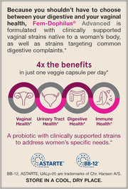 Side image: Jarrow Fem Dophilus Advanced probiotics 10 billion CFU veggie capsules bottle 30 count