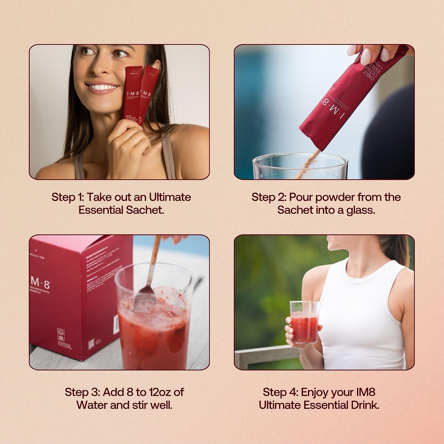 IM8 Daily Ultimate Essentials Açaí & Mixed Berries mixing instructions 30 sachets