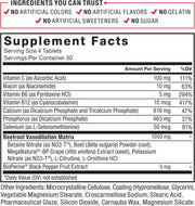 Supplement facts label with detailed nutritional information and ingredient list.