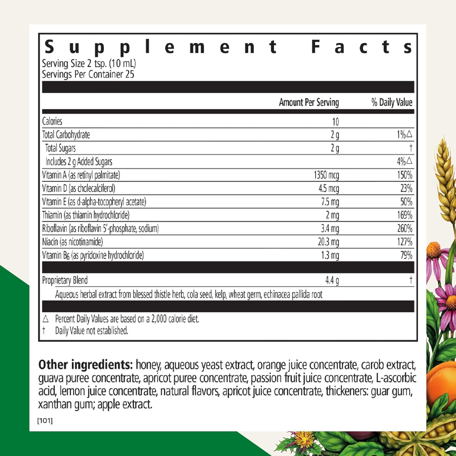 Supplement facts panel and usage instructions for Floradix Epresat.