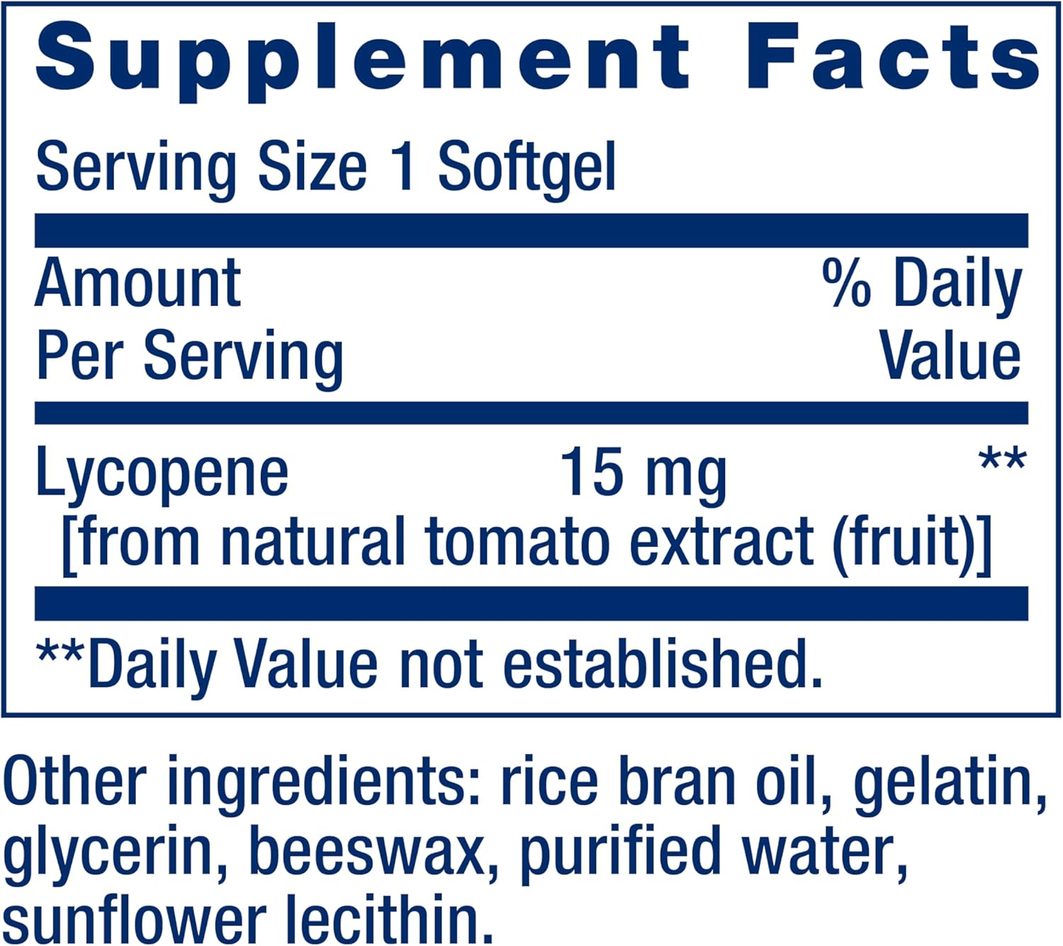 Life Extension Mega Lycopene 15mg 90 softgels supplement facts label