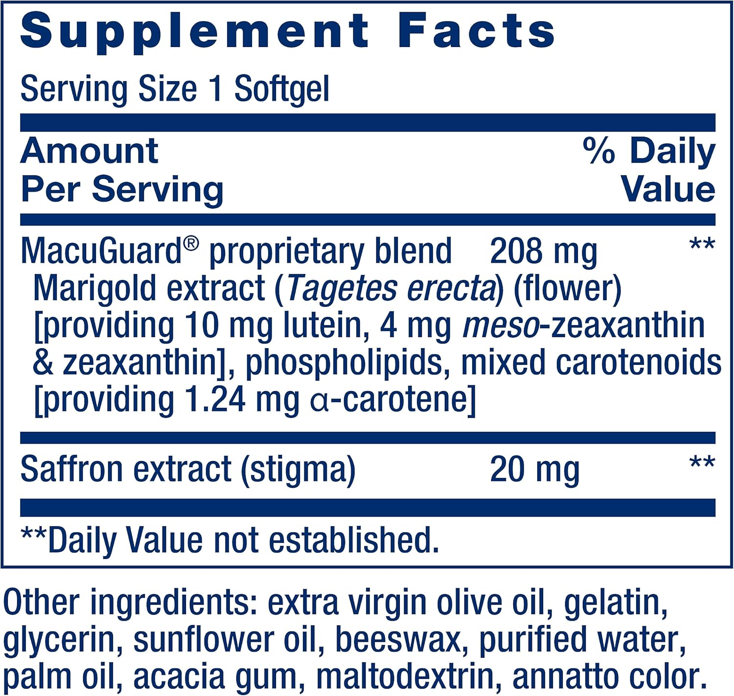 Supplement facts for Life Extension MacuGuard showing carotenoid and saffron blend.