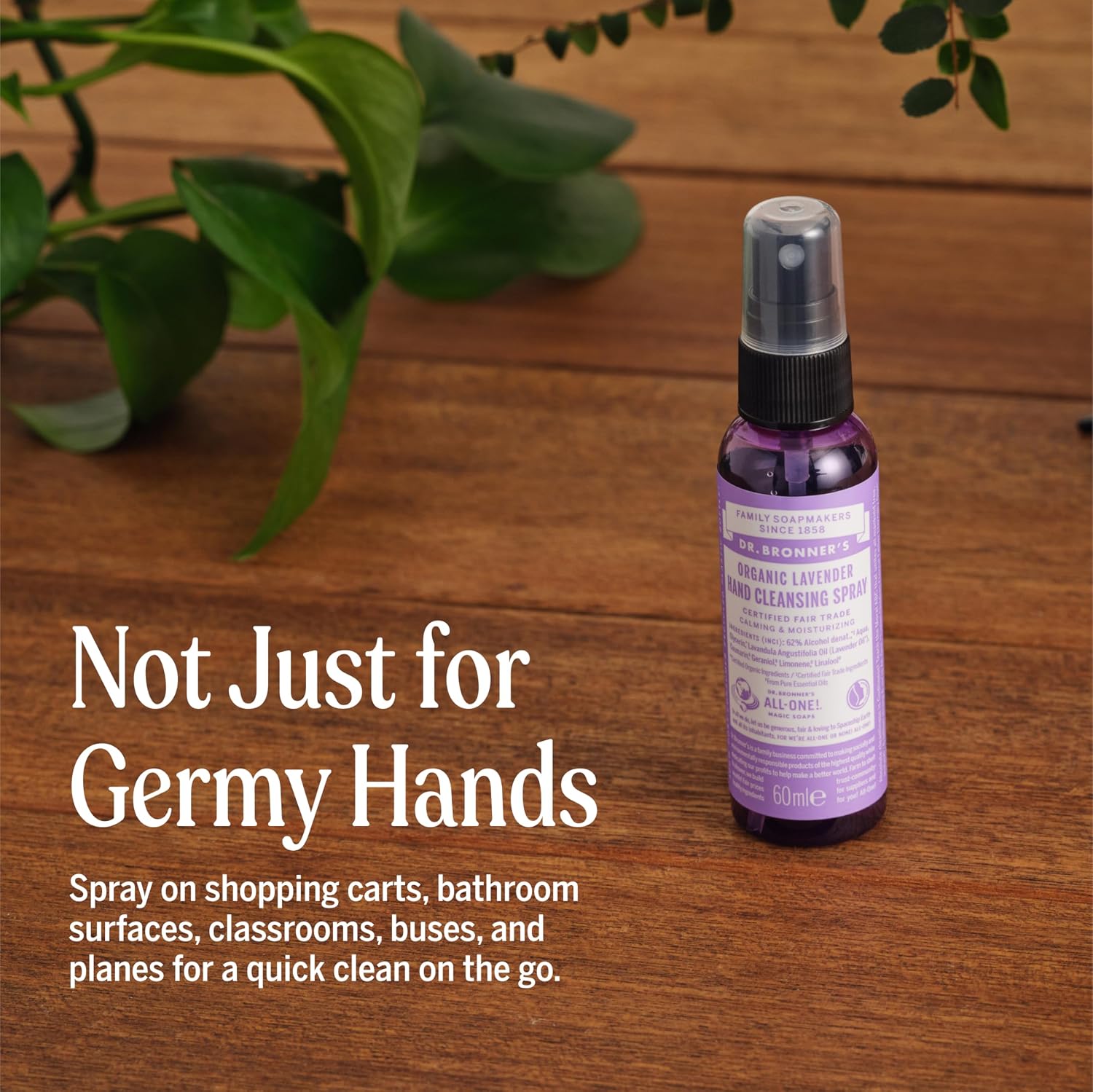 Dr. Bronner's Organic Lavender Hand Cleansing Spray 60ml bottle for on-the-go hand care
