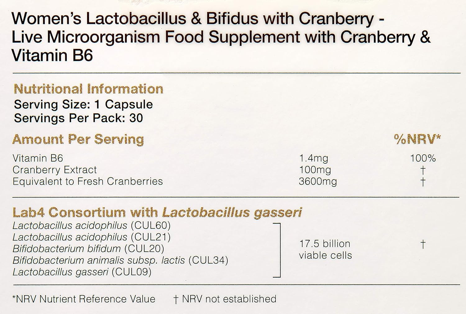 Supplement Facts & Ingredients Image: ProVen probiotics women ingredients label 30 capsules box