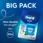 Oral-B Satin Tape Waxed Mint Dental Floss 6 x 50m packaging showing product information