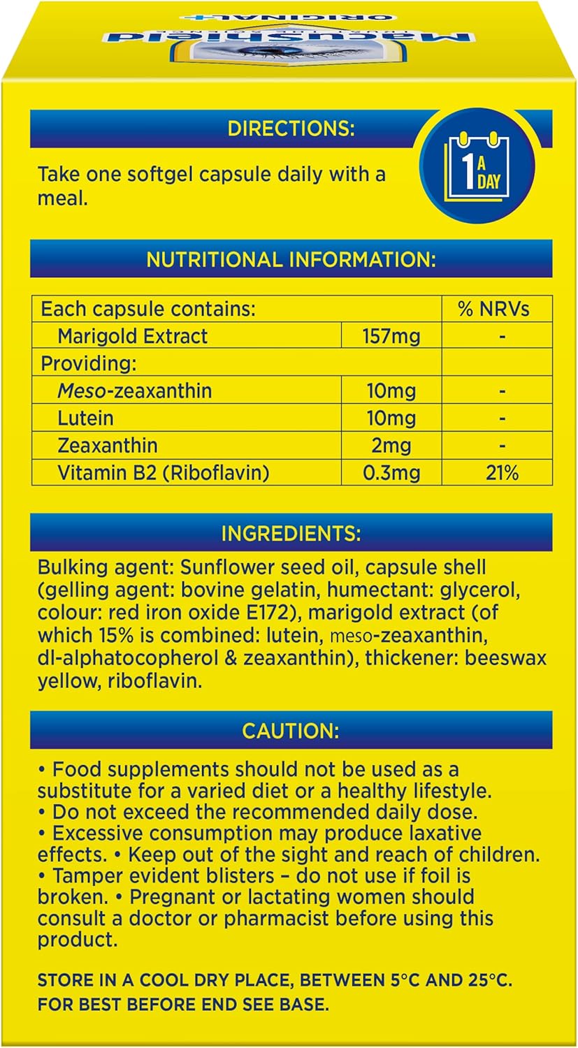 MacuShield Original+ capsules back packaging with ingredients, directions & nutrition on white background