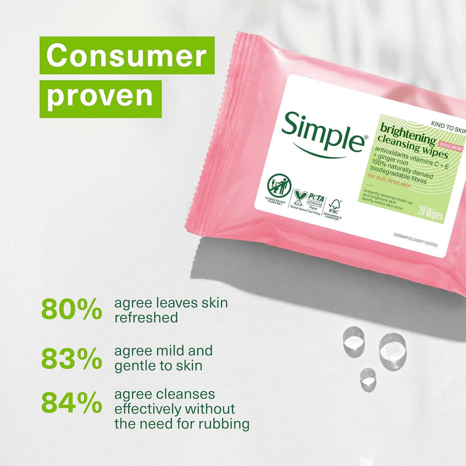 Simple Kind to Skin Brightening Cleansing Wipes, resealable pack packaging, fragrance-free, 20 wipes, product information