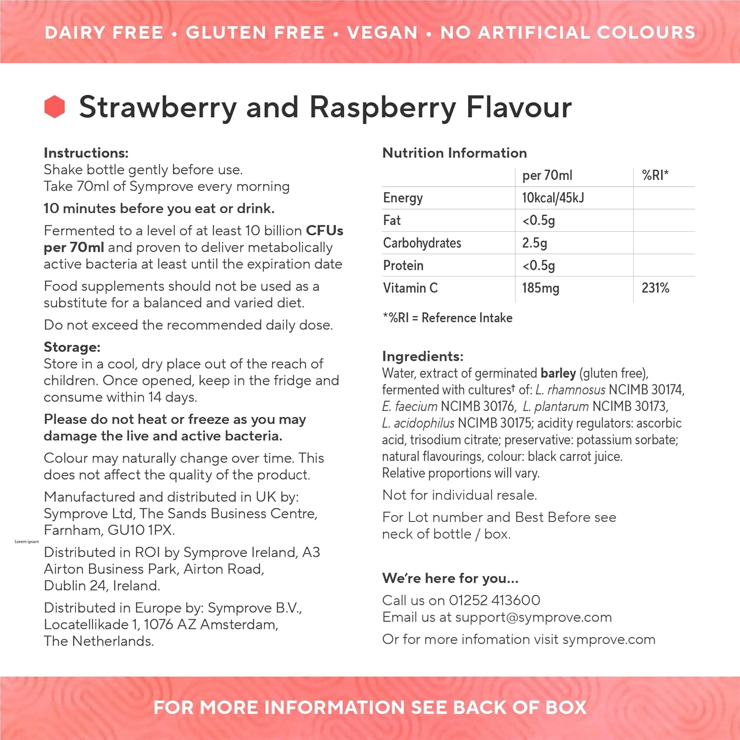 Symprove Liquid Probiotic Strawberry Raspberry Flavour 4 x 500ml nutritional info ingredients instructions panel