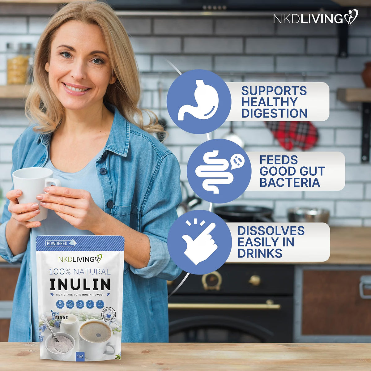 NKD Living Inulin Fibre Powder from Chicory Root pouch 1kg lifestyle use