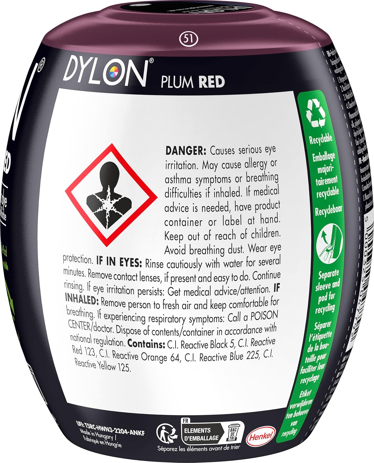 Dylon All-in-1 Fabric Dye Pod Plum Red 350g ingredient and safety information panel