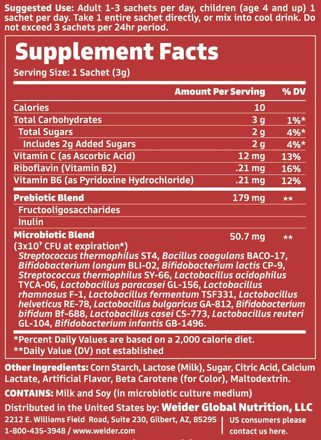 Weider Microbiotics Probiotic - 15 Live Strains with Vitamin C - 60 Sachets supplement facts