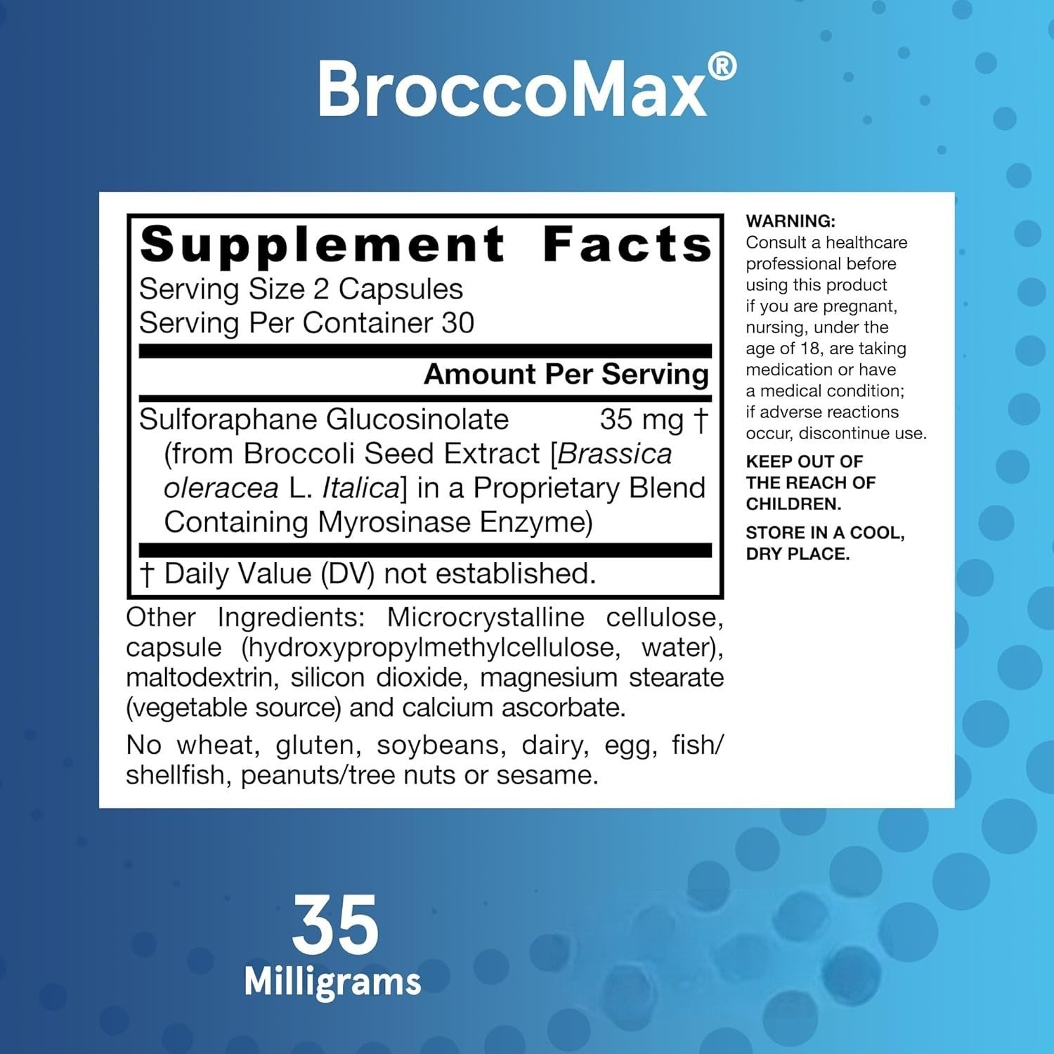 Supplement Facts Image: Jarrow Formulas BroccoMax sulforaphane 35mg supplement facts ingredients veggie capsules