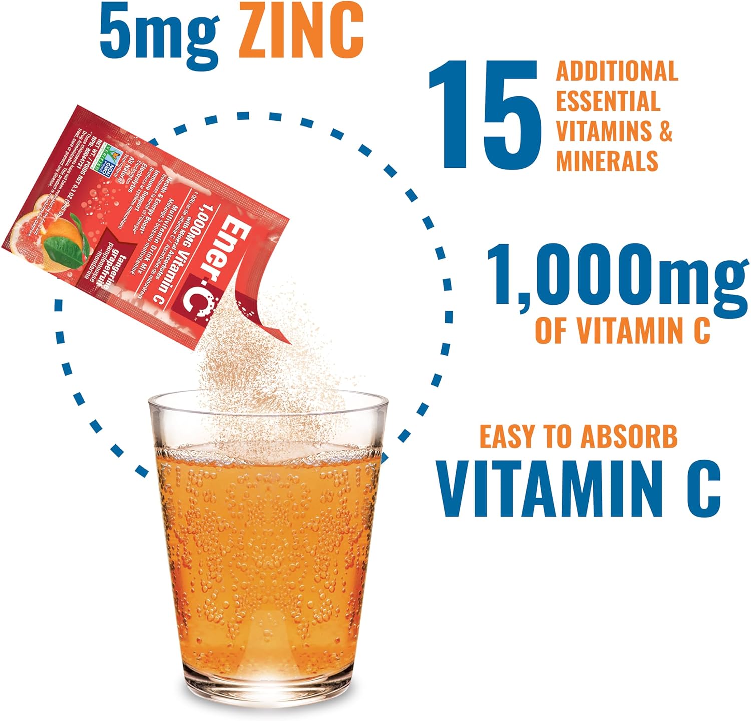 How to Use: Ener-C Tangerine & Grapefruit sachet mixing instructions 30 sachets on white background