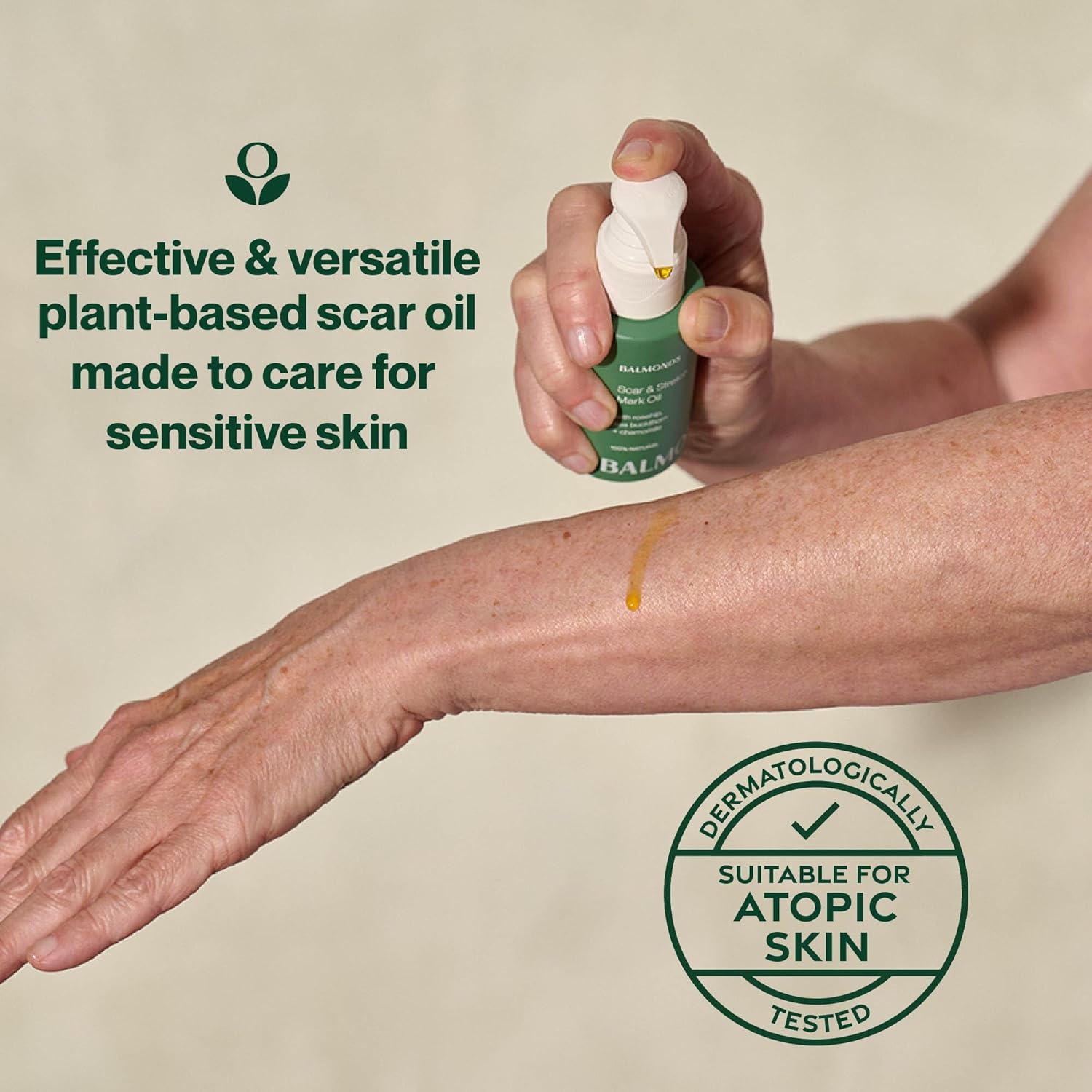 How to Use: Balmonds Scar and Stretch Mark Oil 50ml applying oil to skin from bottle