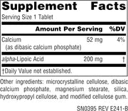Supplement facts & ingredients image: Source Naturals Alpha Lipoic Acid 200mg tablets ingredient panel 60 count