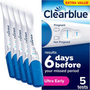 Front image: Clearblue Ultra Early Advanced pregnancy test kit 5 pack box packaging