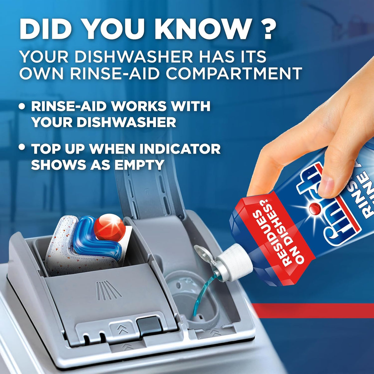 Finish Rinse & Shine Aid Dishwasher Rinse Aid 800ml bottle showing product usage information