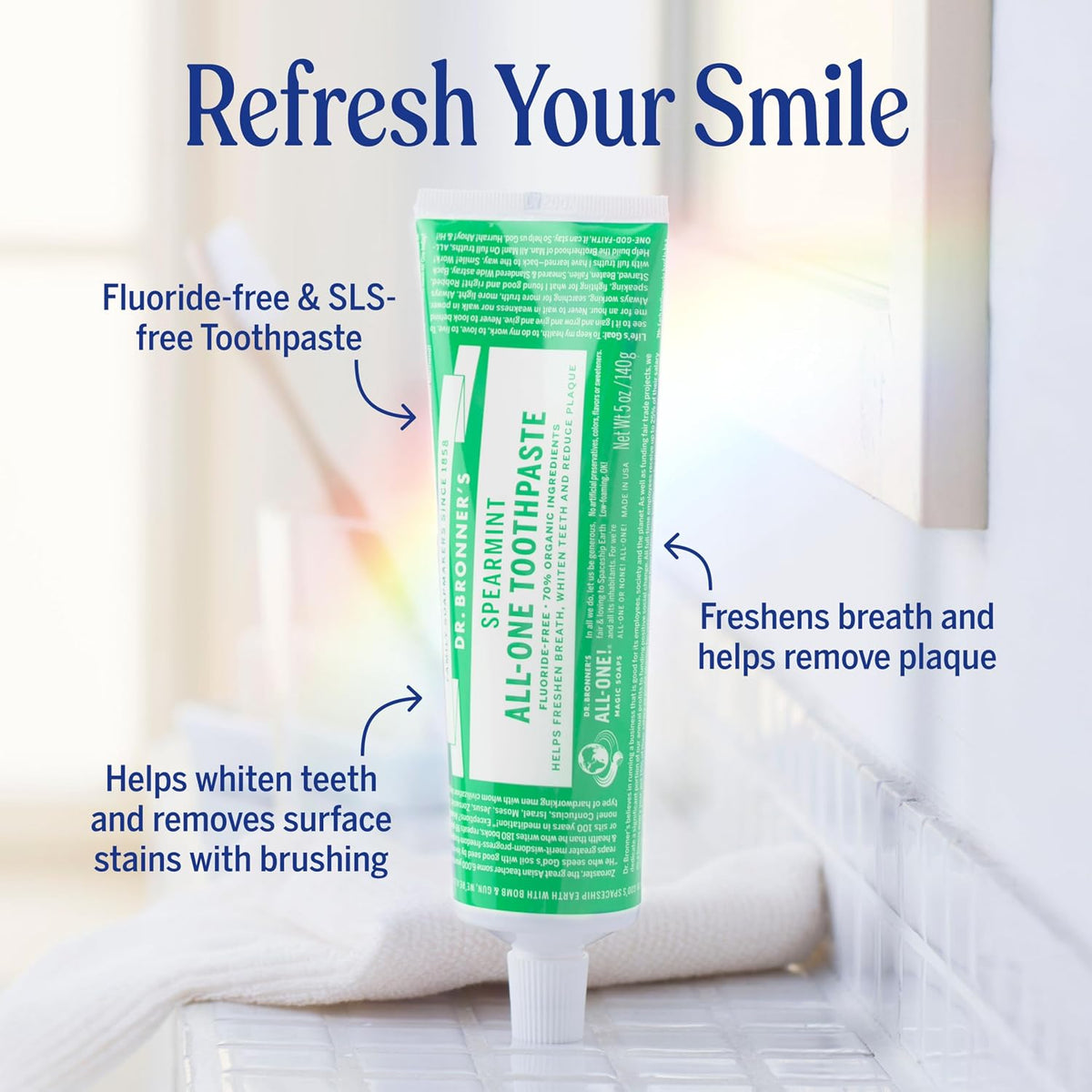Dr. Bronner's Spearmint Fluoride Free Toothpaste 105ml tube and box for everyday oral care