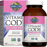 Garden of Life Vitamin Code Raw Multivitamin for Women 50 Plus bottle & box on white background. 240 Count