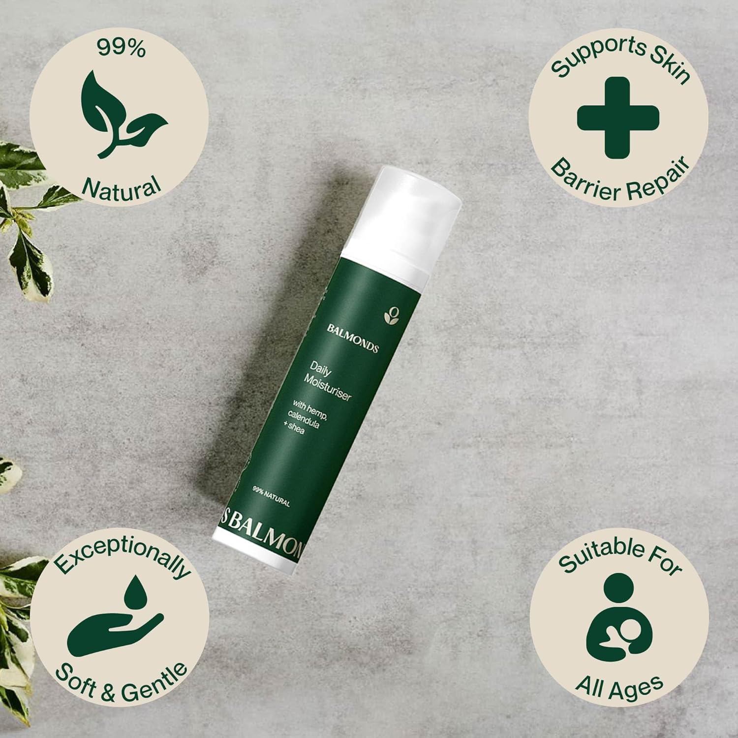 Supplement facts: Balmonds Daily Moisturiser 100ml ingredients shea butter hemp seed oil calendula