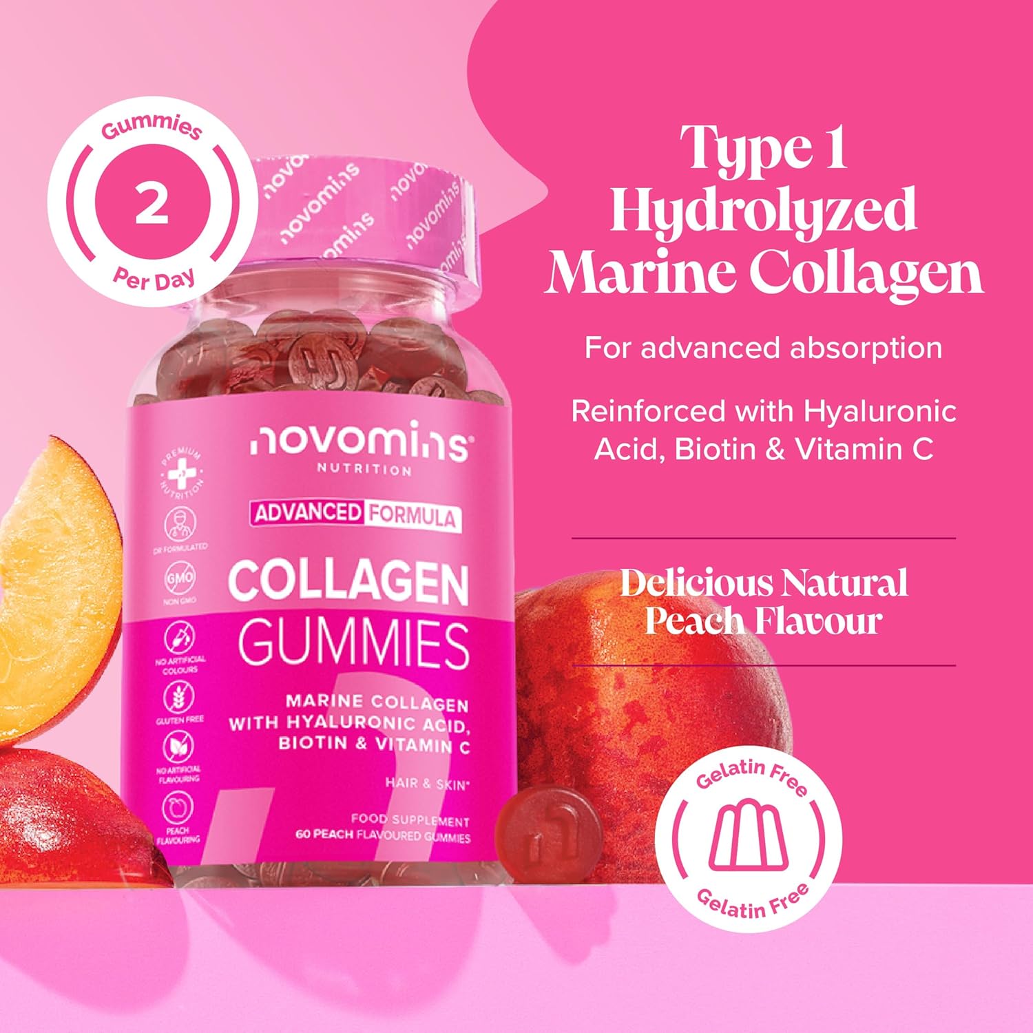 Novomins Marine Collagen Gummies Peach 60 Count natural peach flavour 2 per day gummies