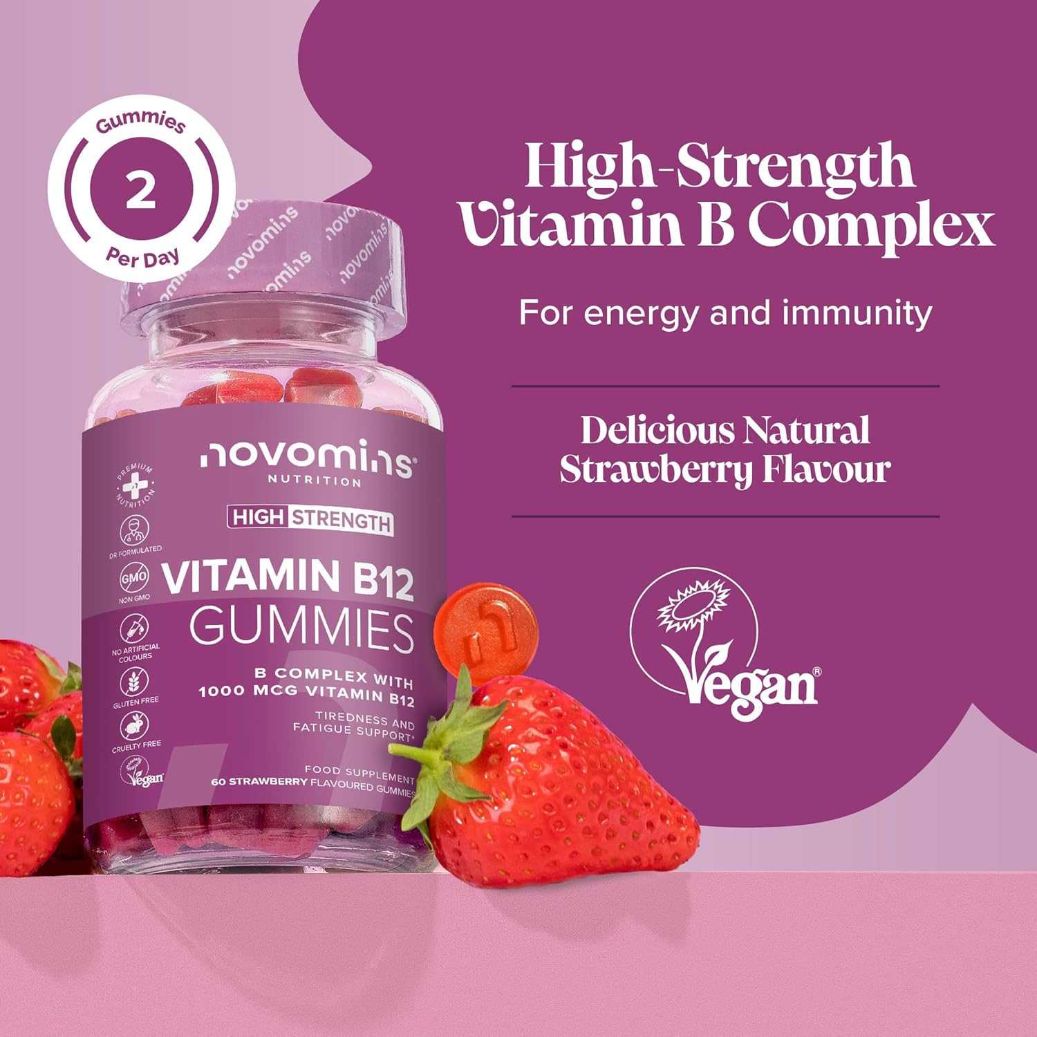 Novomins Vitamin B12 Gummies 1000mcg Strawberry 60 Count natural strawberry flavour 2 per day gummies