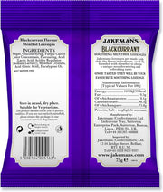 Jakemans Blackcurrant Soothing Menthol Lozenges, resealable bag packaging, blackcurrant flavour, 73g, ingredients information & barcode
