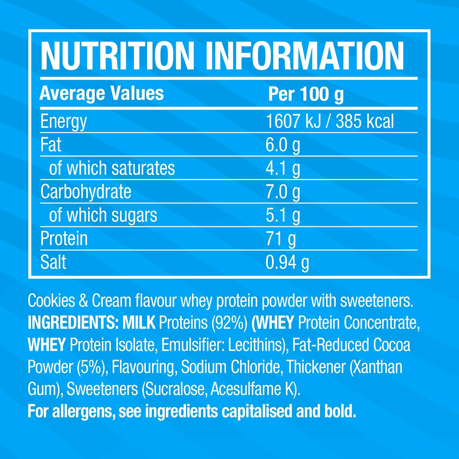 Supplement Facts Image: Cellucor C4 whey protein ingredients cookies cream 1.61kg packaging