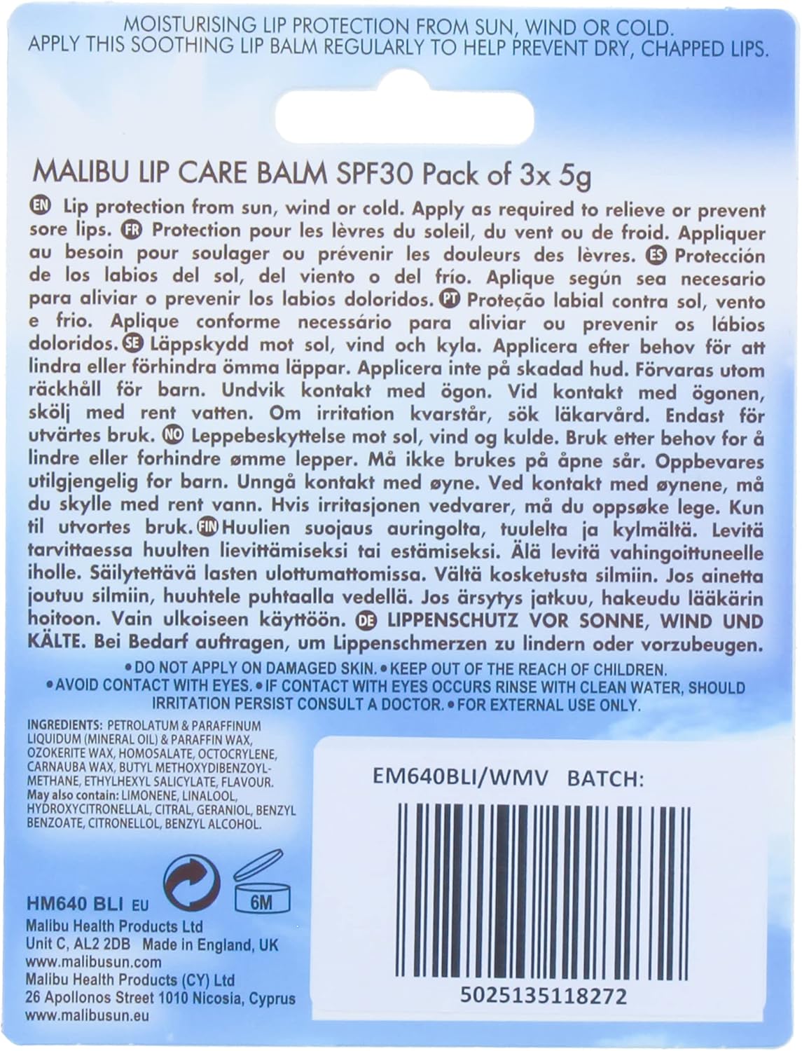 Malibu Lip Care Blister Pack x3 – Watermelon, Mint & Vanilla Hydrating & Flavoured Lip Care for Everyday Use