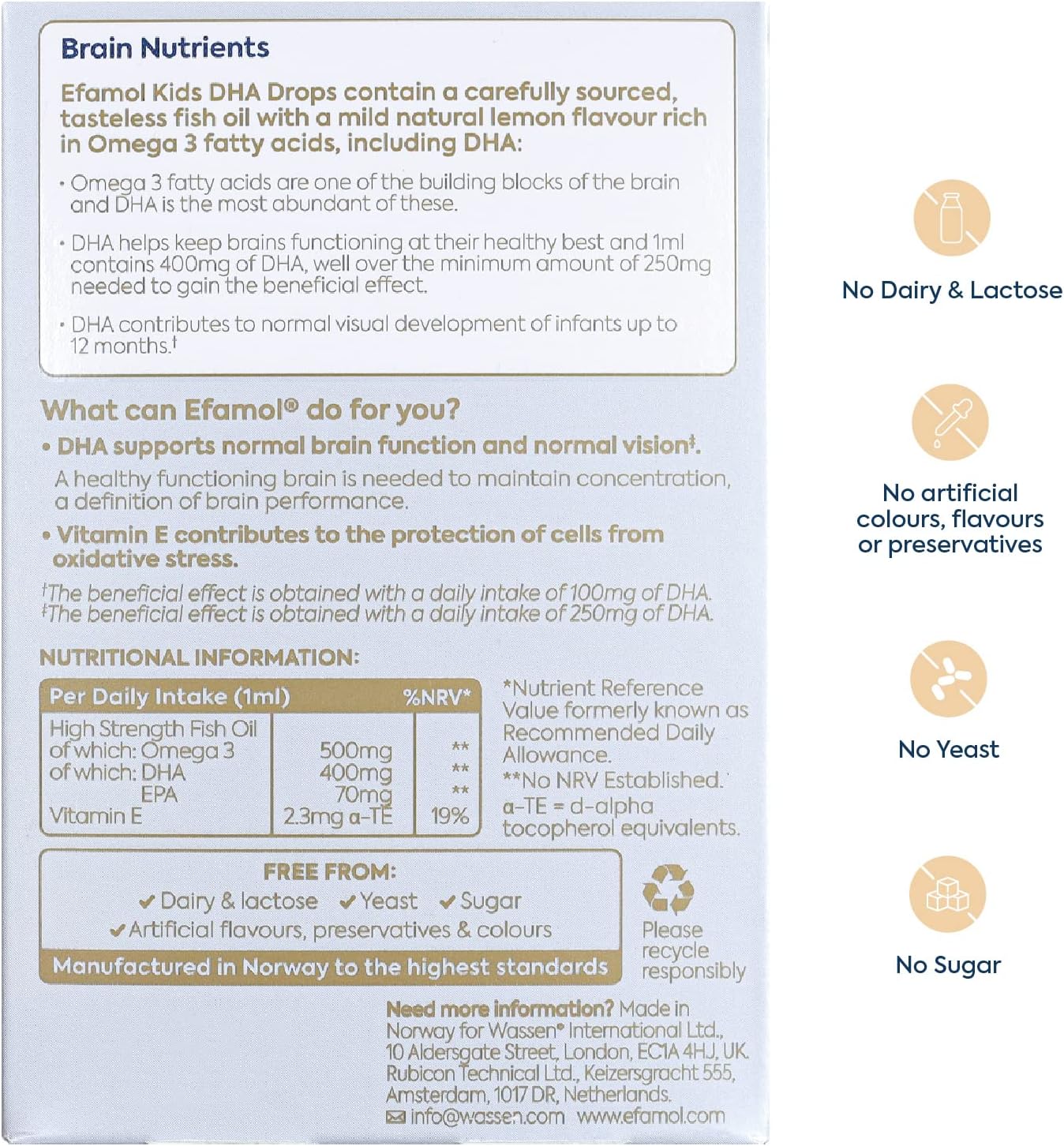 Efamol Kids Omega 3 DHA Drops natural lemon flavour 60ml supplement facts and ingredients panel