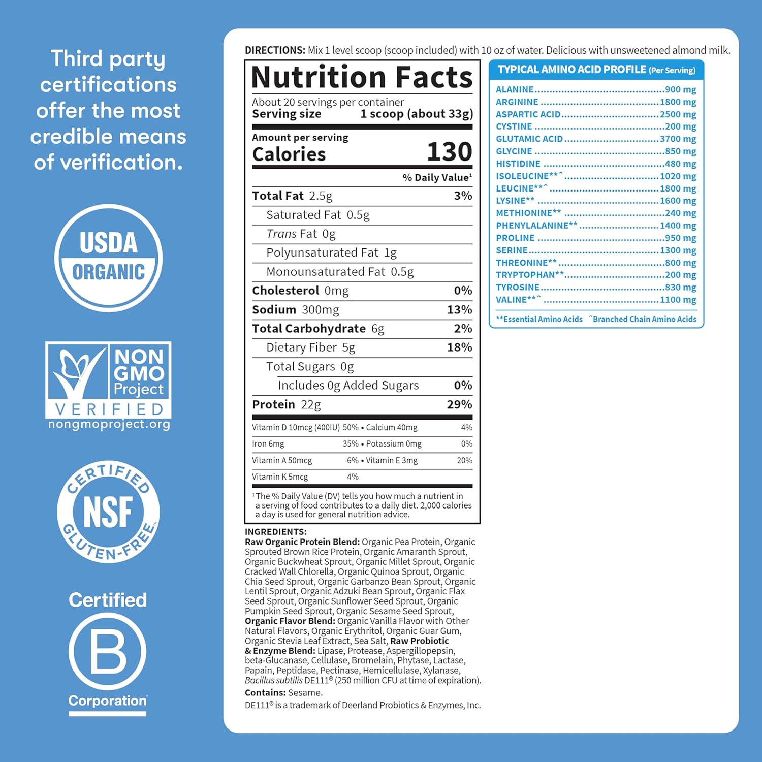 Garden of Life Raw Organic Vegan Protein Powder supplement facts label tub 660g