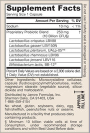 Supplement facts & ingredients image: Jarrow Fem Dophilus probiotic strains supplement facts capsules 30 count