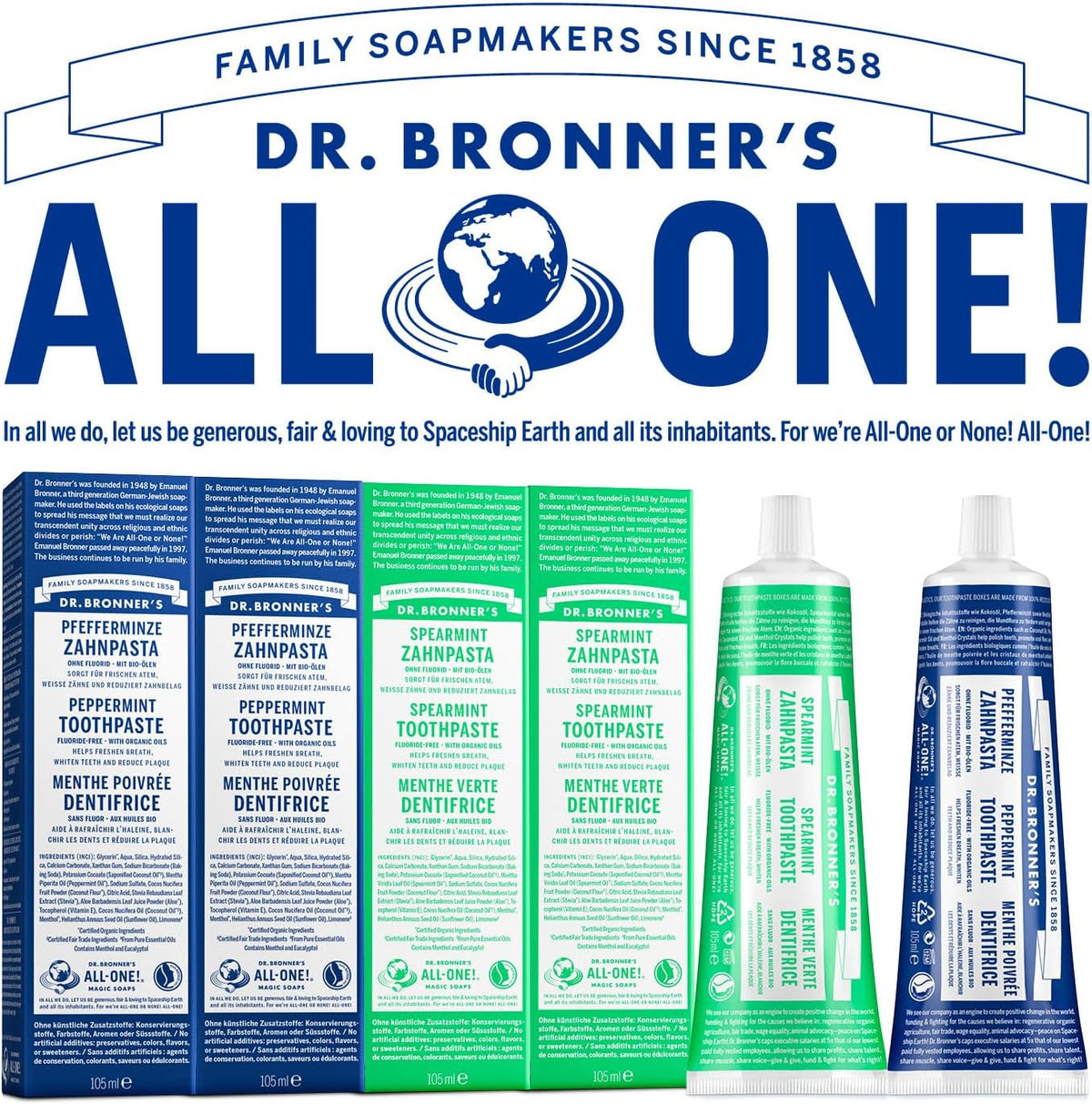 Dr. Bronner's Spearmint Fluoride Free Toothpaste 105ml tube and box for everyday oral care all one