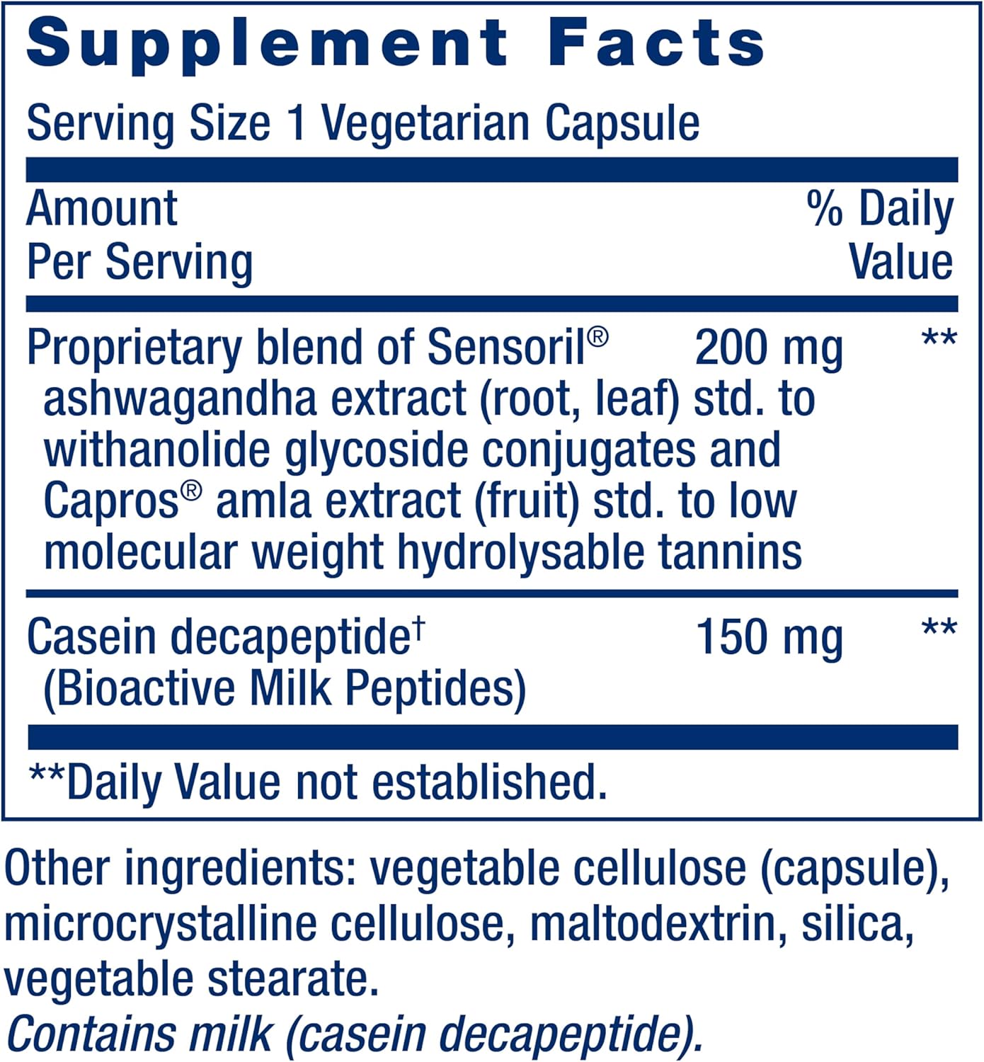 Supplement facts for Life Extension relaxation formula with ashwagandha and milk peptides.