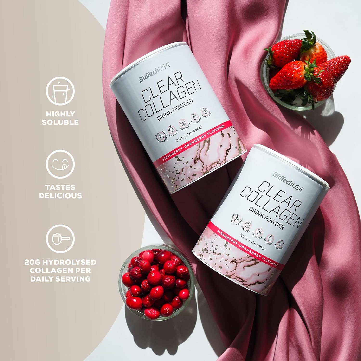 BioTechUSA Clear Collagen Drink Powder, Strawberry Cranberry - 308g