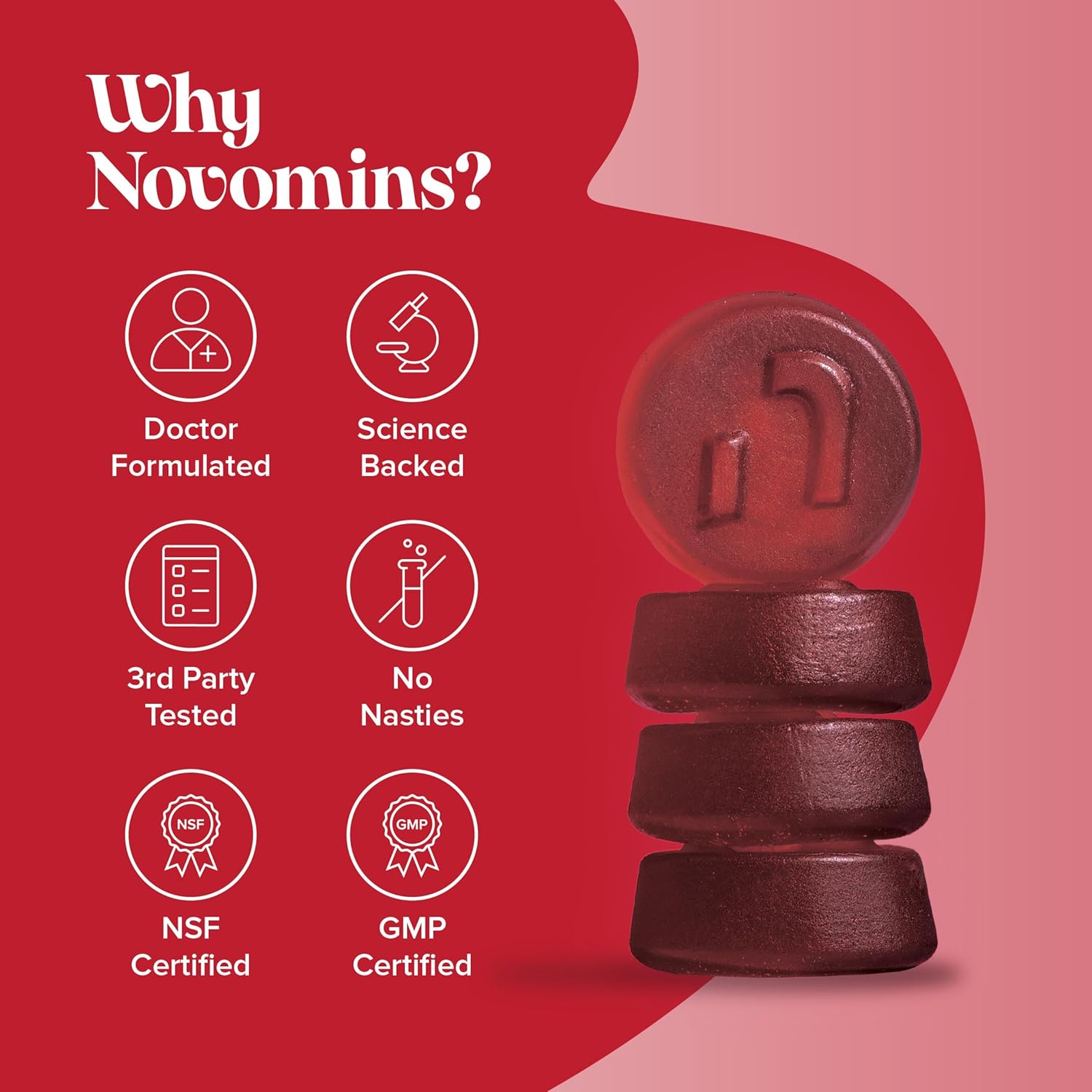 Novomins Iron Gummies 20mg with Vitamin C Strawberry 60 Count vegan gummies supplement close up
