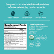 Four Sigmatic multi mushroom and herb powder ingredients and nutritional information panel on packaging
