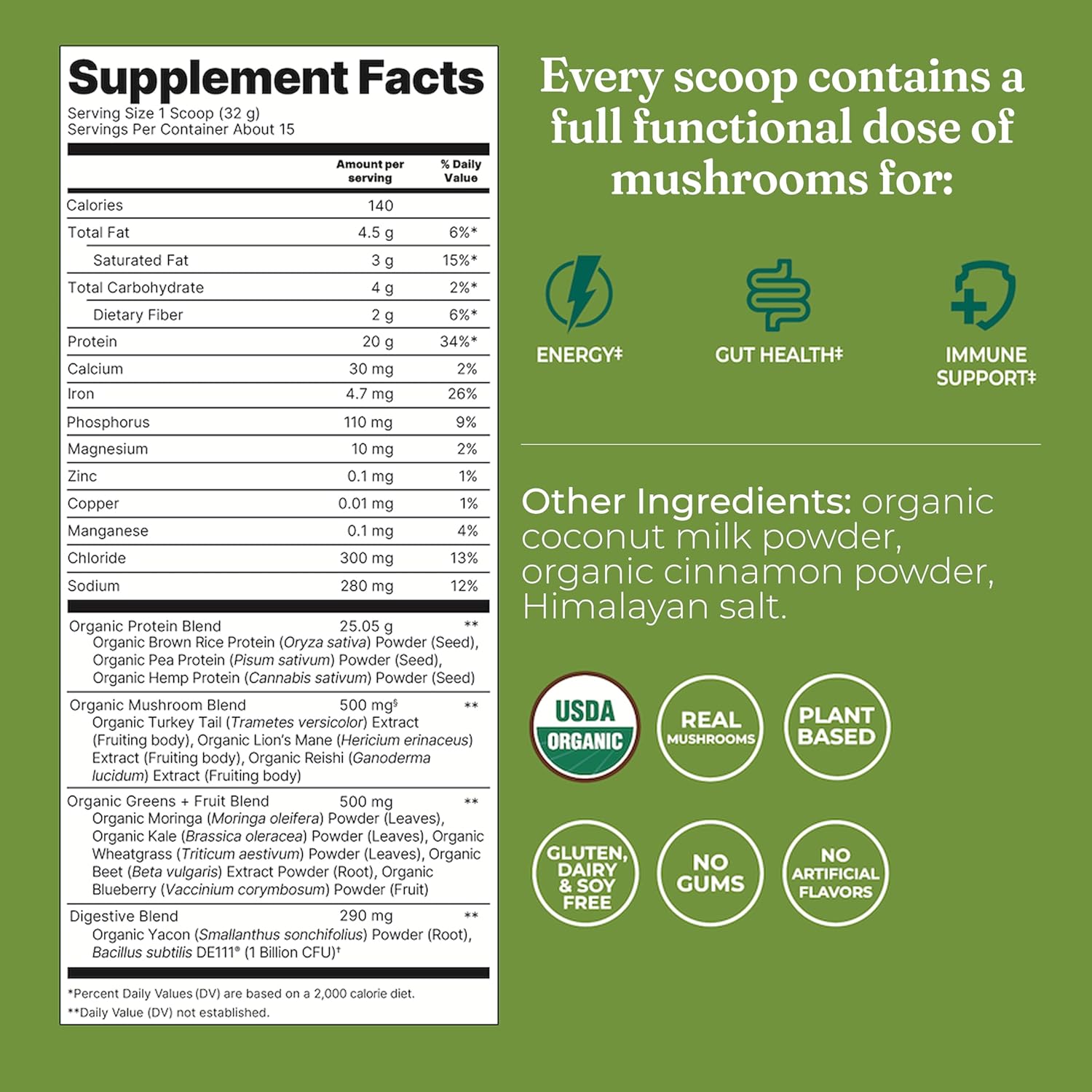 Four Sigmatic unflavored protein powder ingredients and product information panel on packaging