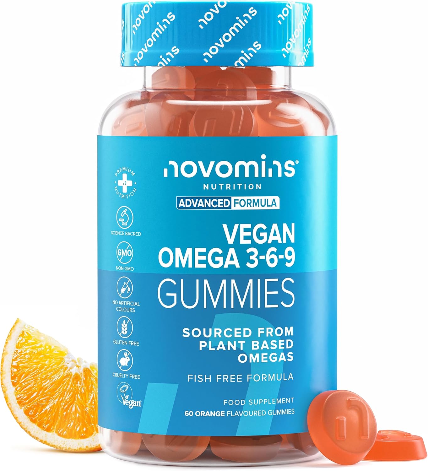 Novomins Vegan Omega 3 6 9 Gummies Orange 60 Count bottle supplement front view