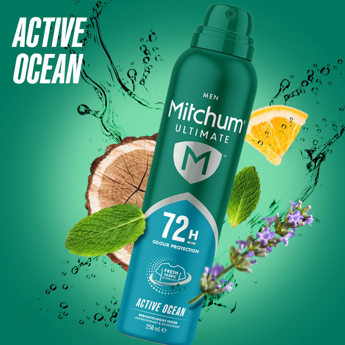Mitchum Men's Ultimate 72H Active Ocean Antiperspirant aerosol spray can 250ml personal care use