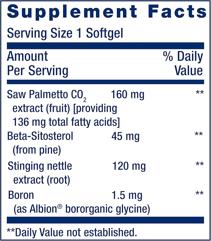 Life Extension PalmettoGuard supplement facts panel and ingredients list.